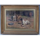 John Ley Pethybridge (1865-1905) - Foxhounds and terrier under long shadows, oil on canvas, signed
