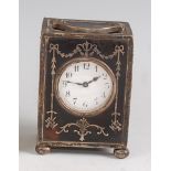An Edwardian silver and tortoiseshell cased minuet carriage clock, having an unsigned white enamel
