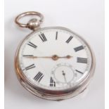 A Gent's sterling silver open face keywind pocket watch, with round white Roman dial with subsidiary