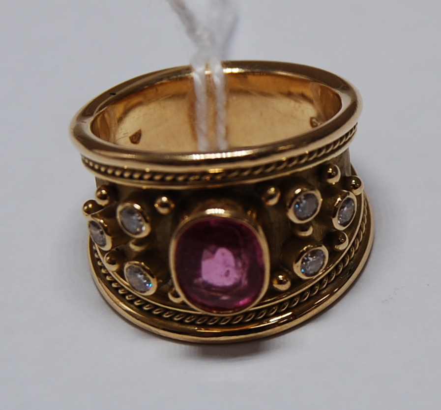 A 1970s 18ct yellow gold, pink sapphire and diamond Etruscan style dress ring by Elizabeth Gage, - Image 6 of 7