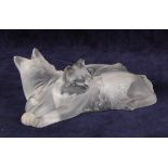 A contemporary Lalique moulded and frosted glass model of a pair of cats, each in recumbent pose,