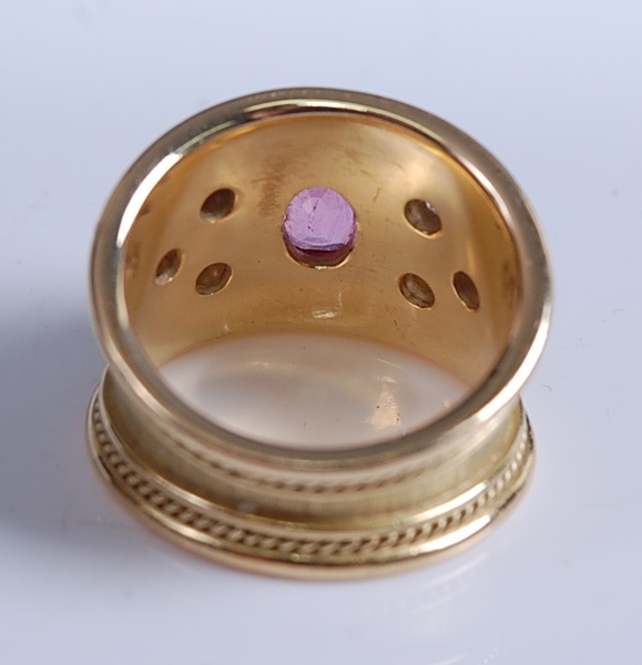 A 1970s 18ct yellow gold, pink sapphire and diamond Etruscan style dress ring by Elizabeth Gage, - Image 3 of 7