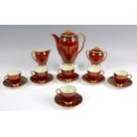 A 1930s Carltonware Rouge Royale ceramic six-place coffee set, comprising coffee pot and cover,