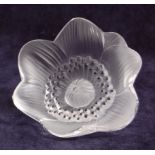 A modern Lalique frosted and moulded glass flower head stopper, etched Lalique France to stem,