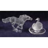 A contemporary Lalique moulded and frosted glass model of a wild horse galloping, raised on integral