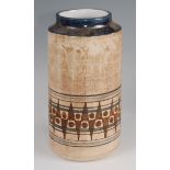 A 1970s Troika cylindrical pottery vase, having stylised geometric lower banded decoration,