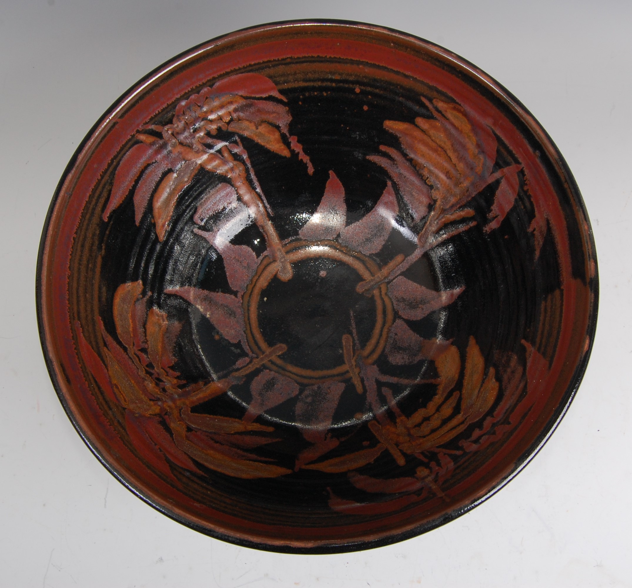 A large contemporary studio pottery circular table bowl, the ribbed body underglaze painted with - Image 2 of 2