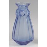 A contemporary Lalique frosted and moulded blue glass vase, having upper band of raised carnations