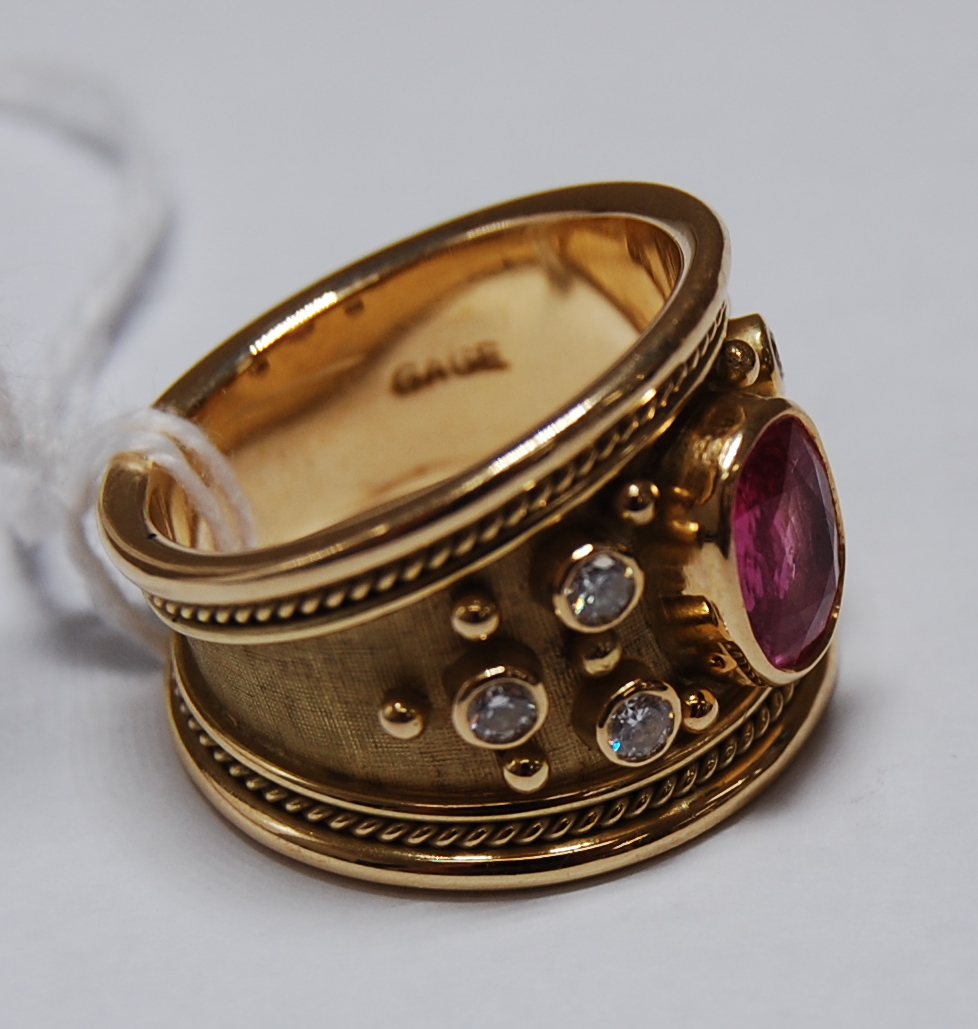 A 1970s 18ct yellow gold, pink sapphire and diamond Etruscan style dress ring by Elizabeth Gage, - Image 7 of 7