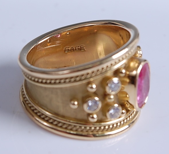 A 1970s 18ct yellow gold, pink sapphire and diamond Etruscan style dress ring by Elizabeth Gage, - Image 4 of 7