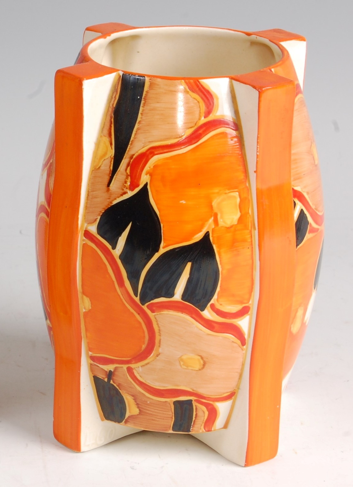 A 1930s Clarice Cliff pottery 'rocket' vase, in the Fantastique Bizarre 'Orange Chintz' pattern,