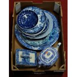 A box of miscellaneous blue & white transfer decorated table wares to include Copeland Spode Italian