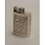 A 20th century white metal pocket hip flask, having floral repousee decoration and vacant cartouche,