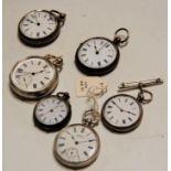 Six various silver cased open face mid size pocket watches, each having engraved or engine turned
