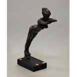 A contemporary bronzed resin sculpture in the form of a female nude in diving pose on painted plinth