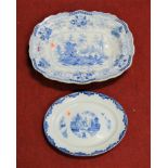 A large Victorian stoneware meat dish of shaped rectangular form, blue & white transfer decorated