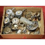 A box of miscellaneous metalware, to include claret jug having cut glass body and silver plated mask