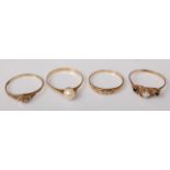 A 9ct gold small diamond solitaire ring; a 9ct gold three cz set dress ring; and two other 9ct