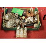 A box of miscellaneous metalware, to include silver plated six bottle cruet, pair of Old Sheffield