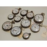 A collection of ladies and gents nickel cased open face pocket watches, largely being keyless