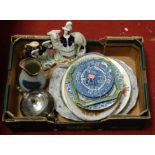 A box of miscellaneous items to include Victorian Staffordshire figures, Victorian blue & white