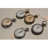 Five various mid 20th century gents nickel cased pocket stop watches to include two military