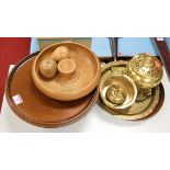 A modern mahogany lazy-susan; together with a turned oak fruit bowl; a brass pot pourri jar and