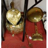 A collection of brassware, to include a set of bellows, warming pan, fire tools and coal bucket