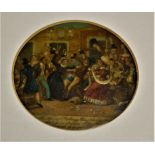 A 19th century lacquered snuff box lid of circular form depicting an interior scene, dia. 8cm, in