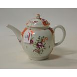 An 18th century Lowestoft teapot and cover, of bullet shape, decorated with pink, purple and