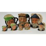 A collection of Royal Doulton character jugs to include Sary Gamp x3, Robinson Crusoe x3, and Don