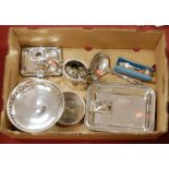 A box of miscellaneous metalware, to include Old Sheffield Plate chamberstick, pair of early 20th