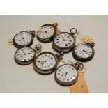 A collection of gents nickel cased open face keyless pocket watches, all having white enamel