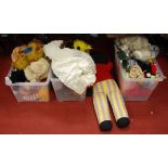 Three boxes of mainly modern soft toys; and a German composition dolls body (only)