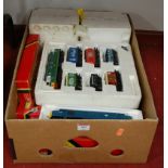A box containing a collection of Hornby 00 gauge locomotives etc