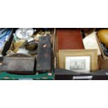 Two boxes of miscellaneous items to include a 19th century engraving of St Gregory's Church,