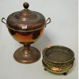 An early 20th century copper twin handled samovar together with a pierced brass rosebowl (2)
