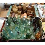Two boxes of miscellaneous stoneware and glass bottles and flagons
