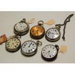 Six varoius gents nickel cased open faced pocket watches, four being keywind, two keyless, each open