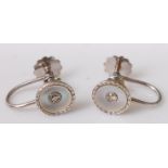 A pair of circa 1930s 9ct white gold, mother of pearl and diamond point set ear clips, in fitted