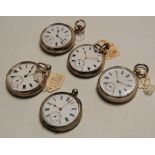 Five various gents silver cased open face pocket watches with three having keywind movements, all
