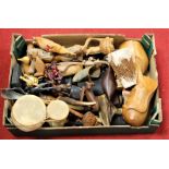 A box of miscellaneous items to include twin handled tray, hide covered drums, carved wooden