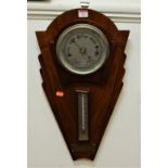 An Art Deco oak cased wall hanging two dial barometer/thermometer with presentation plaque dated