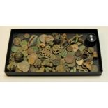 A tray of assorted metal detecting finds, to include Elizabeth I silver sixpence, various other
