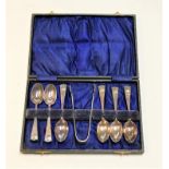 A set of six mid-20th century silver teaspoons, with matching sugar tongs, in fitted leather case