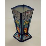 An Art Deco vase of square tapered form to flared foot rim having typical brightly coloured