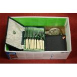 A box of miscellaneous silver plated flatware, to include a cased set of six fish knives and