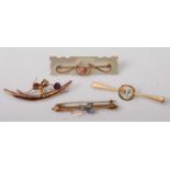 A 9ct gold, white sapphire and seed pearl set bar brooch; together with two other 9ct gold semi-