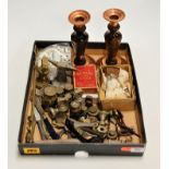 A box of miscellaneous items to include a pair of turned beech and copper candlesticks, various