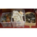 Three boxes containing a collection of various metalware and shells, to include silver plated items,